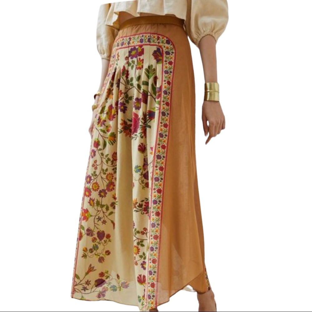 New Mes Demoiselles x Anthropologie Pleated Dahlia 4 & 6 Tan Red Floral Maxi